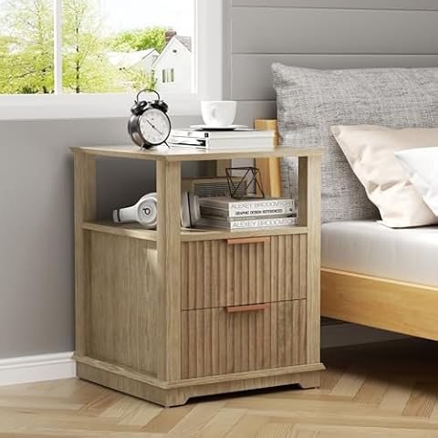 HSSZXFR Fluted Nightstand with Charging Station LED and USB, 24” Sofa Side Table with 2 Drawers Storage Cabinet, Farmhouse End Table Bedside Table for Living Room, Bedroom Cover