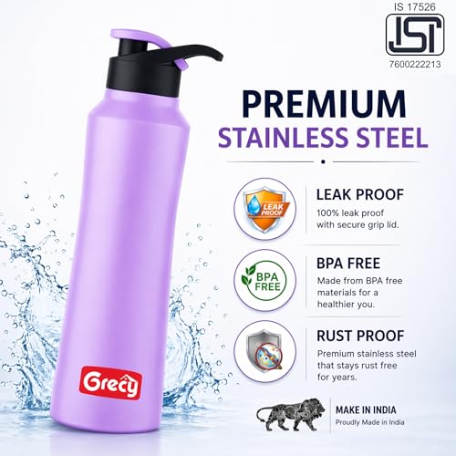 Image of GRECY Tic Toc 800ml Stainless Steel Water Bottle Lavender Purple | Single Wall Fridge Bottle | Flip Cap Leak Resistant | BPA Free Food Grade Steel Lightweight | Office,School,Gym,Travel Made in India