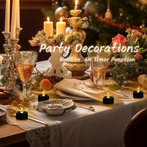 Image of LANKER Flameless Candles with 6H Timer, Flickering Warm Yellow LED Tea Lights with Black Base, Long Lasting Battery Operated Fake Candles for Party, Halloween and Christmas, Set of 24 (Black)