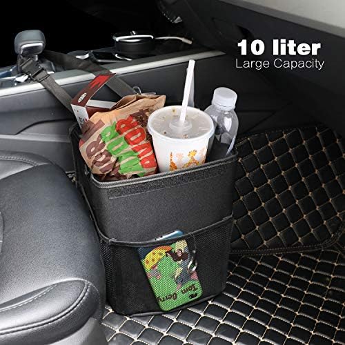 PowerTiger Car Rubbish Bin with Lid, Auto Trash Bag Garbage Recycle Bin with 3 Mesh Pocket, Black 10 L Capacity