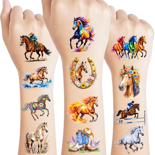 Horse Temporary Tattoos | Horse Birthday Party Decorations Floral Party Favors Supplies Décor Accessories Stickers Gift Idea For Kids Boy Girl Teen Adult 60Pcs 4 Sheets Pre-cut