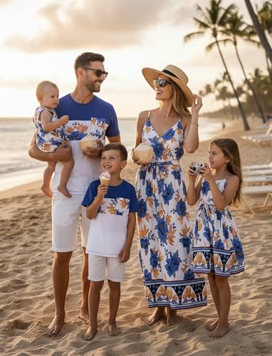 Image of PATPAT Family Matching Outfits Mommy and Me Dresses Hawaiian Tropical Vacation Beach Spaghetti Strap Dress and Shirt
