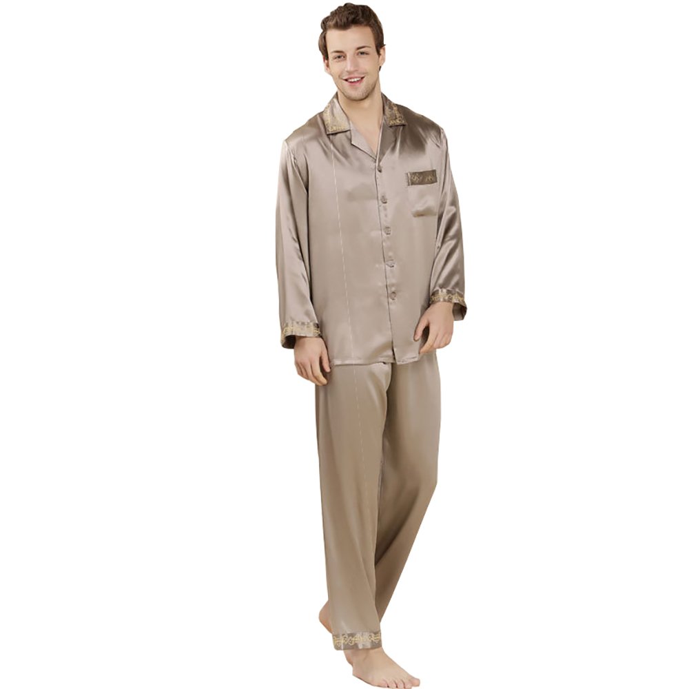 Lsharon Men's Army Green 100% Mulberry Silk Long Sleeves Pyjamas Set Sleepwear Loungewear (S (Tag L), )