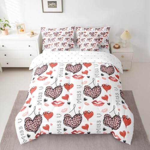 Image of 7 Pcs Leopard Print Heart King Bedding Sets Love Theme Romantic Style Comforter Set Red Heart Lady Lip Kiss Bed in a Bag with Comforter,Flat&Fitted Sheet,2 Pillowcases,2 Throw Pillow Covers