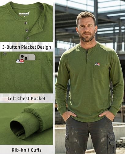 Image of BOCOMAL FR Shirts for Men Long Sleeve EX Soft Flame Resistant Henley CAT2 | NFPA2112 6oz Midweight Cotton Knit Heather Series,Moisture-Wicking /Breathable,Chest Pocket,Rib-Knit Cuffs,Summer Work T Shirt