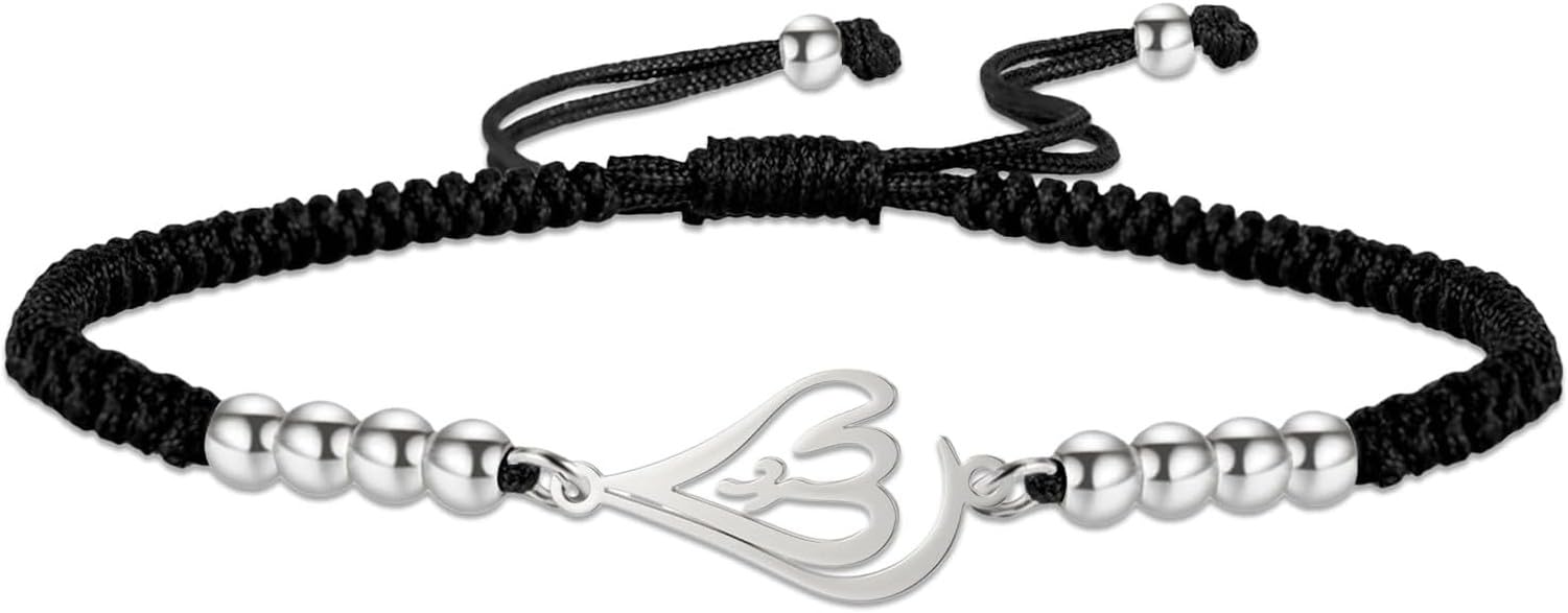GYFGRTQ Islamic Adjustable String Bracelet for Muslim Women Men Handmade God Allah Charm Notched Arabic Calligraphy Jewelry Eid Ramadan Gift, Silver-Black String