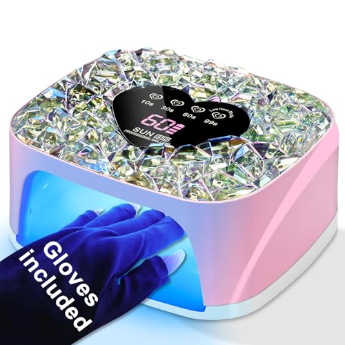Cordless UV LED Nail Lamp, Rechargeable UV Nail Lamp Gel Nail Dryer with 4 Timers and Automatic Sensor, Colorful Diamond Design UV Light for Gel Nails Fast Curing, Nail Supplies for Salon (Pink)