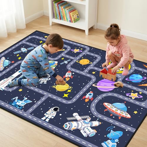 Image of Space Rug for Boys Room 3x5 Feet, Solar System Kids Rugs for Bedroom, Non Slip Galaxy Play Mat, Educational Planet Carpet with Track for Playroom Nursery Classroom Decor