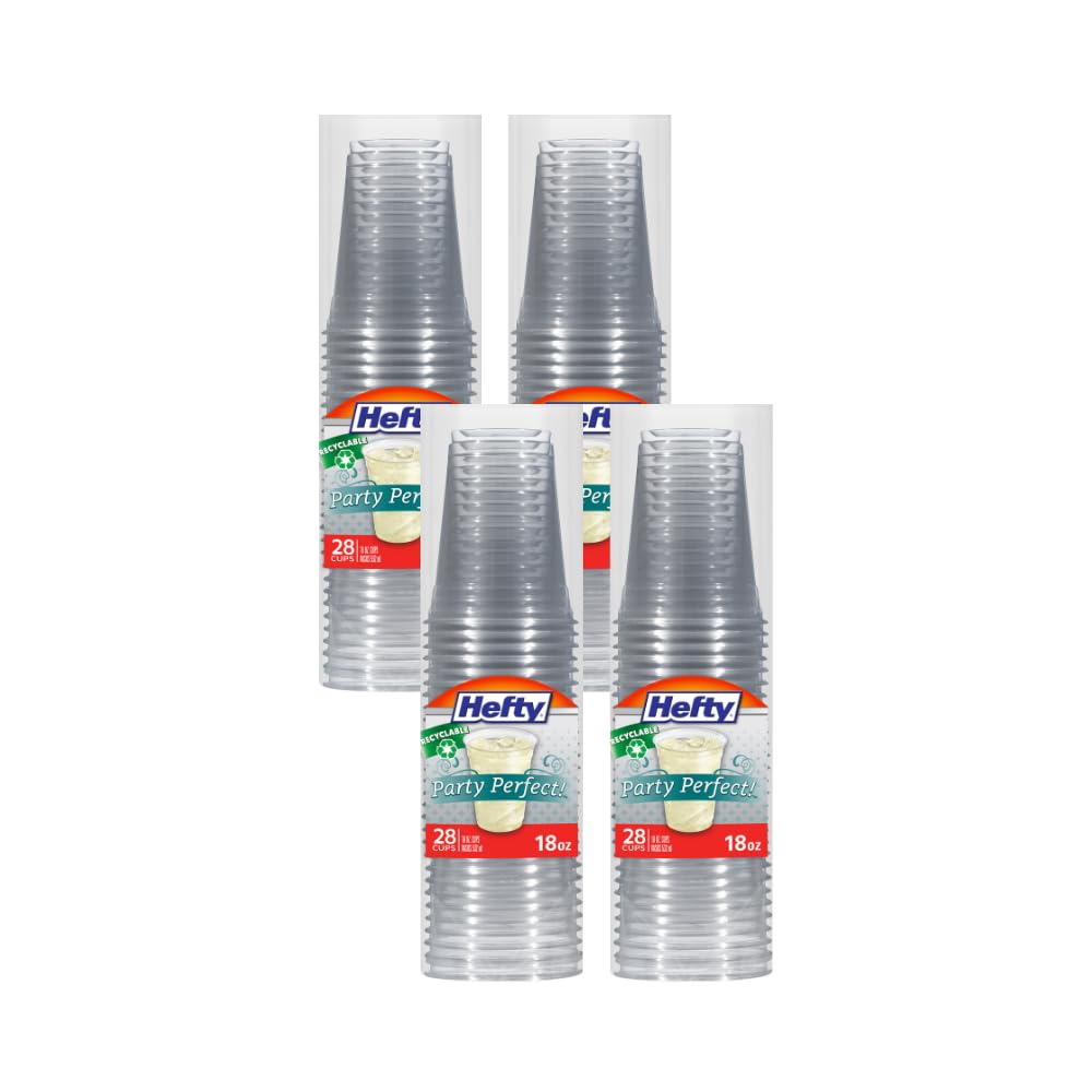 Hefty Party Perfect Clear Plastic Cups, 18 Ounce, 28 Count (Pack of 4)