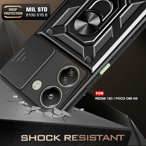 Image of Armor Bumper Back Cover Case for REDMI 13C 4G / Poco C65 Rotating Camera Cover, Ring Holder & Kickstand | Heavy Duty & 360 Degree Protection REDMI 13C 4G / Poco C65 Back Cover (Black)