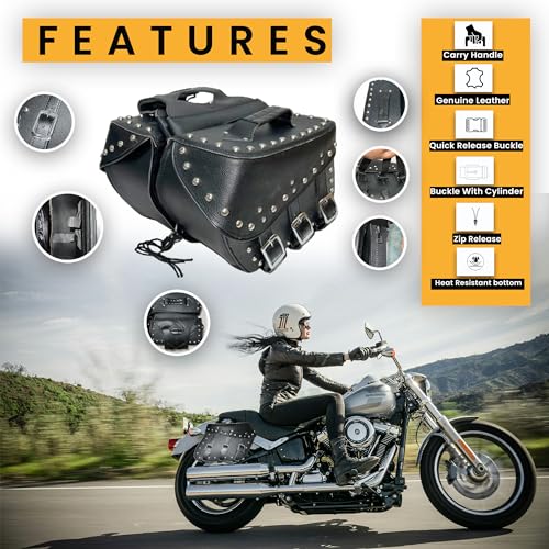 Alforja para motocicleta de cuero con tachuelas y 3 correas ajustables (Negra) miniatura 3