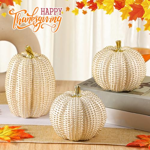 3 Pcs Thanksgiving Resin Pumpkin Decor Figurine Golden and White Pumpkins Statue Fall Table Centerpiece Thanksgiving Pumpkin Decor for Autumn Harvest Farmhouse Home Fireplace Decor, 2 Sizes - Image 3