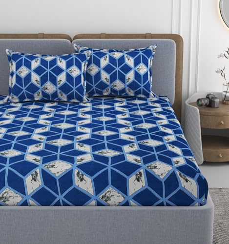 Image of VOMZER 320 TC Cotton Feel All Around Elastic Fitted Printed Bedsheets King Size, Premium Fitted Bedsheets King Size for Double Bed with 2 Pillow Covers, Size- 78 x 72 White Box