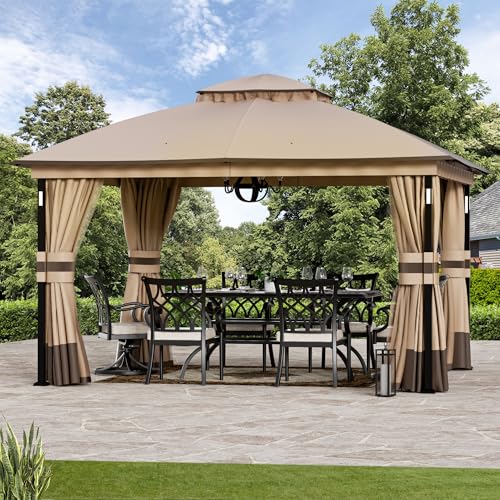 Covered Outdoor Patio Gazebo 11'x13' with LED Lights & Bluetooth Speaker, Heavy Duty Outdoor Canopy Shelter with Metal Frame, Double Roofs, Soft-top Gazebo with Netting and Curtains for Backyard