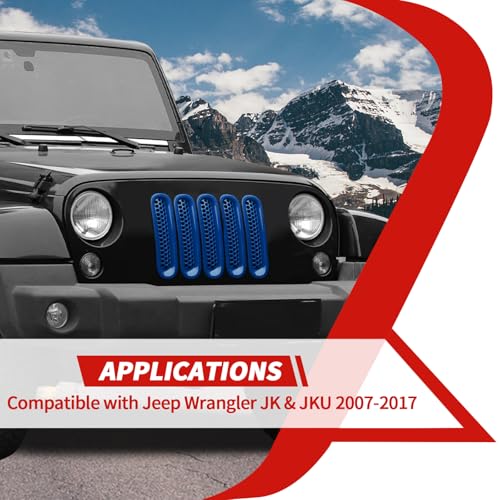 Image of For JK JKU Front Grille Inserts Blue Grill Mesh Clip-on Trim Covers fit for Jeep Wrangler JK & JKU 2007-2017 Exterior Accessories