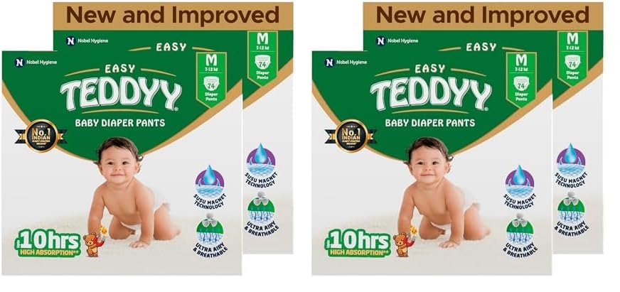 TEDDYY Baby Easy Medium Diaper Pants 148 Count (Pack of 4), 7-12 kgs, 12 hrs Leak Protection, Anti - Bacterial
