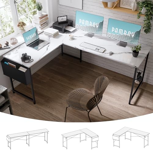 Image of Pamray 64.5 Inch Reversible L Shaped Gaming Desk Large Corner Computer Desk with Storage Bag Home Office Table for Writing Study Marble