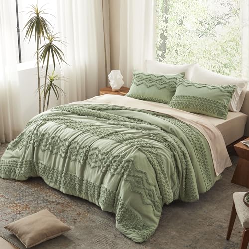 Image of Luxudecor Sage Green Tufted Comforter Set Queen Size 3 Pieces Boho Shabby Chic Comforter Farmhouse Embroidery Bedding Set Soft Comforter for All Seasons (Sage Green, 90''x90'')
