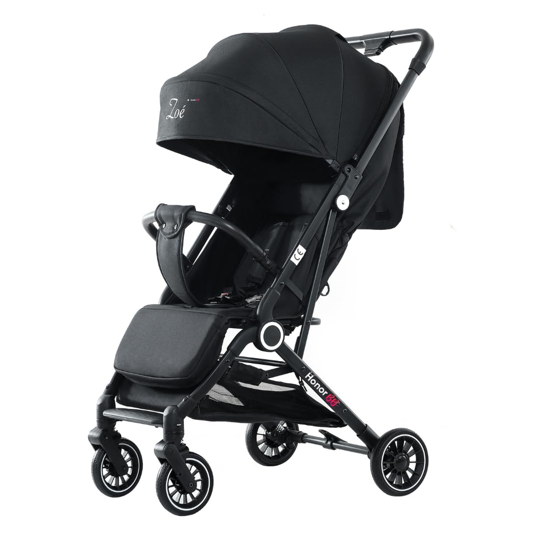 HonorBB ZOA Poussette Canne Bébé Légère et Compacte, 0-3 Ans, 0-15 kg, 3 Positions Inclinables, Pliage Automatique, Bandoulière, Moustiquaire et Protection Pluie Offerts – Essential Black