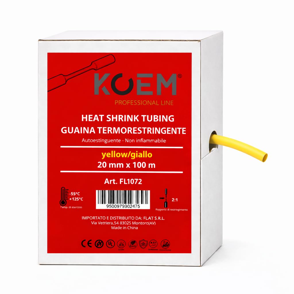 Tubo termocontraíble, relación 2:1, alta resistencia a la tracción, impermeable, para cableado eléctrico y automotriz (amarillo, Ø20 mm x 100 m)