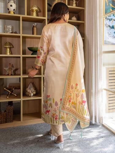 Image of VredeVogel Women's Viscose Silk Blend Straight Kurta Pant Set with Printed Dupatta for Festive & Casual Ethnic Kurta Sets