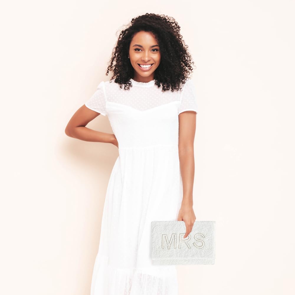 MRS White Beaded Clutch Purse for Wedding Day & Bachelorette, Perfect Bridal Shower Gift - Image 8
