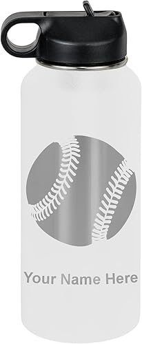 Vista 140 de LaserGram Botella de agua personalizada, pelota de béisbol, acero inoxidable de doble pared aislada al vacío con popote superior, regalo grabado