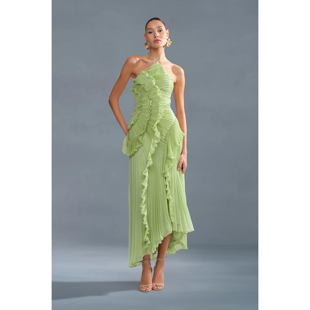 Vestido Largo De Verano Mujer Volantes Elegante Vestido Casual Plisado, Vestidos Maxi Sin Mangas Cuello Halter Playa Capas Irregulares Vestidos Cóctel Bohemio Plisado Corte A Fluido