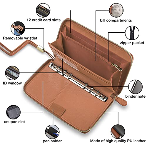 Image of Three Way Cut Cash Envelope Wallet Brown All in One Budget System RFID Blocking with 12x Tabbed Envelopes 12x Monthly Budget Cards 1x Yearly Budget Planner Sheet Complete Money Organizer Set