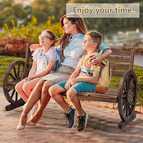 Kinbor Wooden Rustic Wagon Wheel Bench, Outdoor Bench Seat, Patio 2-Person Bench With Backrest #TOP2