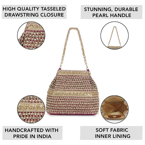 Image of Nevis Silk Fabric Premium Pearl & Crystal Embroidered Potli Bag for Women | Ethnic Bridal Clutch with Golden Handle | Party & Wedding | Potli Bag