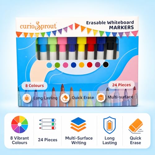 Image of Whiteboard Markers | 24 Pcs, 8 Colours | Fine Tip Dry Erase Marker Pen Set | Multi-Surface: Board, Glass & Ceramic | For School, Office & Home