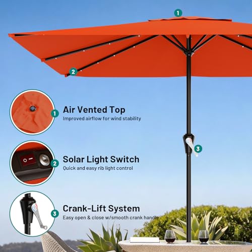 Image of AreShark 8' X 10' Rectangular Patio Umbrella with Solar Lights, Lighted Solar Umbrella with Crank, Outdoor Table Umbrella for Garden, Deck, Backyard, Pool and Beach, Orange
