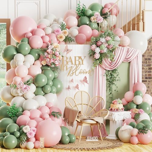 Baby in Bloom Balloon Arch Kit 139pcs Pastel Sage Green and Pink Balloon Garland for Boho Baby Shower Birthday Party Decoration
