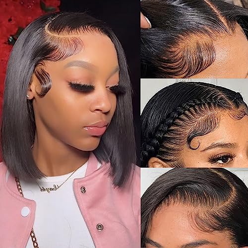 Bob Wig Human Hair 13X4 Lace Front Wigs Human Hair 150% Density Short Straight Frontal Bob Wig HD Transparent Lace Frontal wigs Pre Plucked for Women Glueless Wigs With Baby Hair Natural black 10 Inch - Image 3