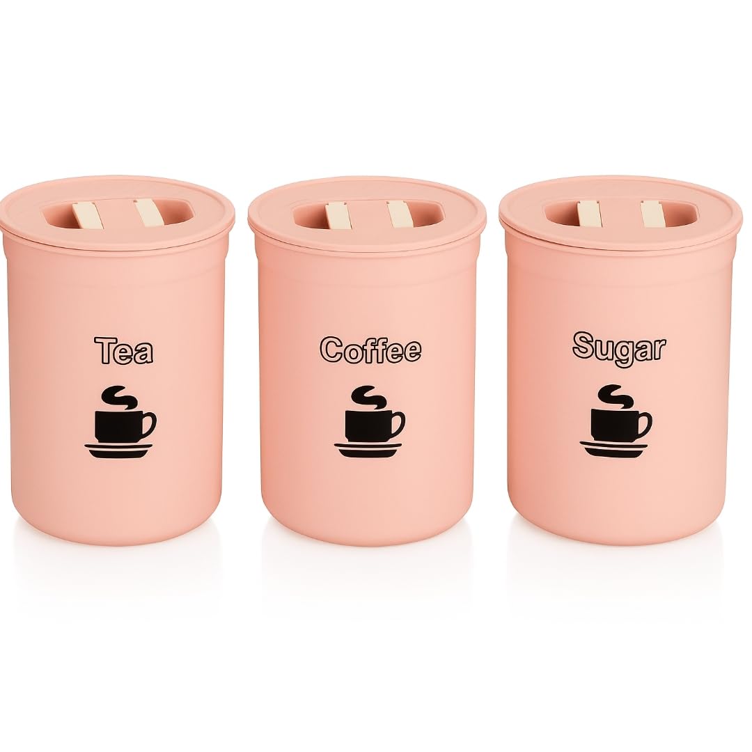 KYZ 3 Pic Kitchen Canister Jars - Tea, Coffee, Sugar Canister Tins - 850ml Round Plastic Jar - Airtight Storages Jar - Multipurpose Storage Organiser - Kitchen, Home Storage Tin (Pink)