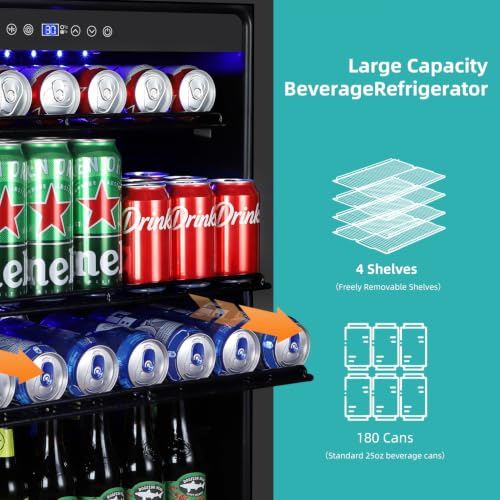 Image of ORYMUSE Beverage Refrigerator 24 Inch, 180 Can Drink Fridge with Glass Door, Under Counter or Freestanding Beverage Cooler for Soda, Beer, Wine - Quiet Cooling for Kitchen, Bar, Office, Black