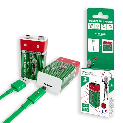 Wonder Full Energy – Pilas de 9 V/6 LR61 – Recargables vía USB C – Cable USB C Incluido – Larga duración – 9 V, 3600 mWh, 370 mAh – Pack de 2 Pilas