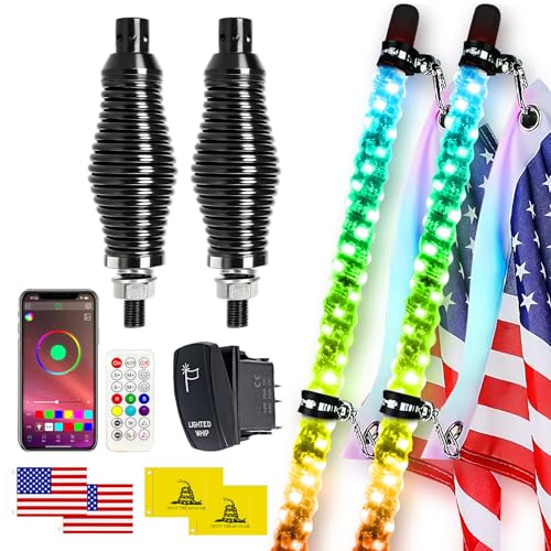 Quick Release Connector 2PCS 4FT Whip Lights with Spring Base Spiral RGB Chasing Led Whip Lights for Side by Side APP & Remote Control Music Led Whips with Rocker Switch for UTV ATV RZR SXS Can-Am