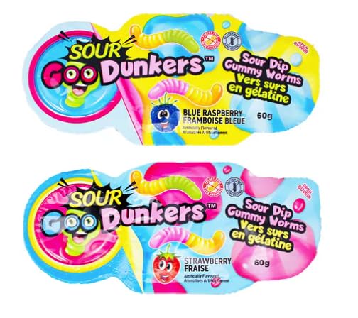 Goo Dunkers Sour Gummy Worms with Dipping Gel, Blue Raspberry and Strawberry Flavors, 2-Pack Candy Snack Trays