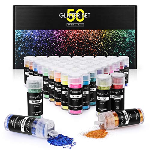 Glitzerpulver, Magicfly 50 x 10g Glitzer Farben Glitter Set für Basteln Feine Glitzerpulver für Nägel, Gesicht zum…