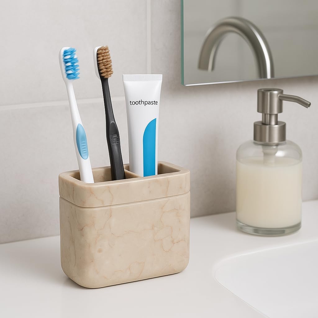 Creative Home Natural Champagne Marble Toothbrush Holder for Bathrooms, Rectangular Bathroom Countertop Organizer, Makeup Brush Holder, 5.5 x 2.6 x 4.5 Inch, Beige