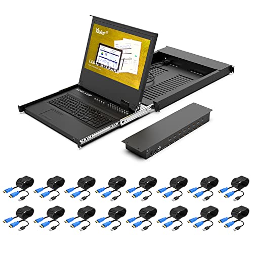 Consola KVM LCD de 17,3 pulgadas, HDMI 16 puertos, Yinker Rackmount KVM Switch Fit 1U 19 pulgadas rack, teclado monitor Touchpad cajón integrado + cable 1920 x 1080