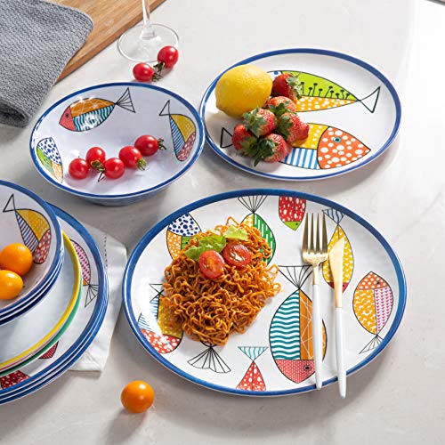 Image of Melamine Dinnerware Set for 4,12PCS Fish Plates and Bowls Sets | Coastal Dishes Great for Camper, RV, Indoors Outdoors Use with Ocean Printed, Unbreakable and Dishwasher Safe，Multicolor