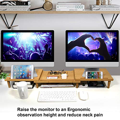 Pezin & Hulin Bamboo Dual Monitor Stand Riser for Desk Organizer, Adjustable Length and Angle Multi(1/2/3) Screen Stand, Office Wood Desktop Stand Storage for Computer, Laptop, PC, Printer, Notebook - Thumbnail 3
