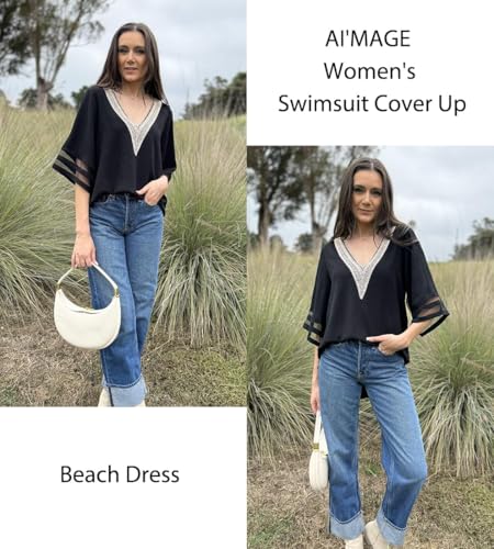 AI'MAGE Women's Swimsuit Cover Up 3/4 Bell Sleeve Loose Beachwear Deep V-Neck Bikini T-Shirt Beach Dress S-XXL4