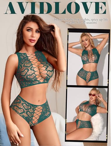 Image of Avidlove Womens Fishnet Lingerie Set Sexy Two Piece Lingeries Hollow Out Stripper Outfit Heart Print Mesh Crop Tops