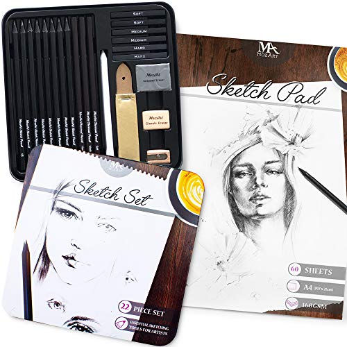 Set de Dibujo Completo de 22 Piezas y 60 Hojas para Dibujo de 8.5x11 pulgadas x 160 gr/m  Material de dibujo de Calidad Premium  Portable para la casa, estudio o escuela  Mozart Supplies
