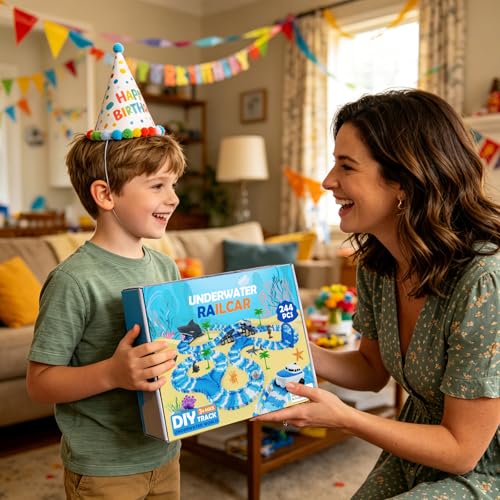Image of Ocean Theme Flexible Race Car Tracks for Kids, Birthday Gift for Boys Age 3 4 5 6 7 Years Old, 240+ PCS Buildable Car Track Playset with Shark Tunnel and Sea Creature Accessories