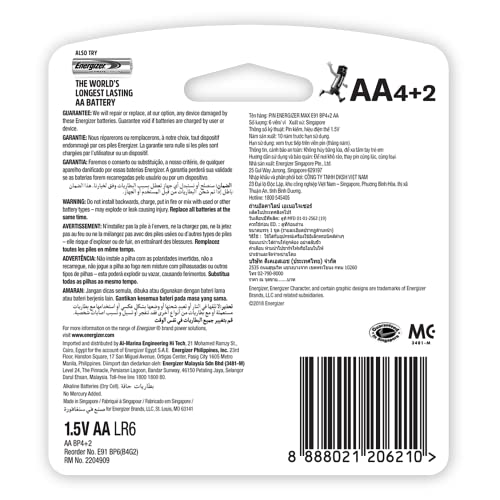 Image of Energizer Max Alkaline AA Batteries - Long-Lasting 1.5V Power, Leak-Proof Design, Pack of 4+2